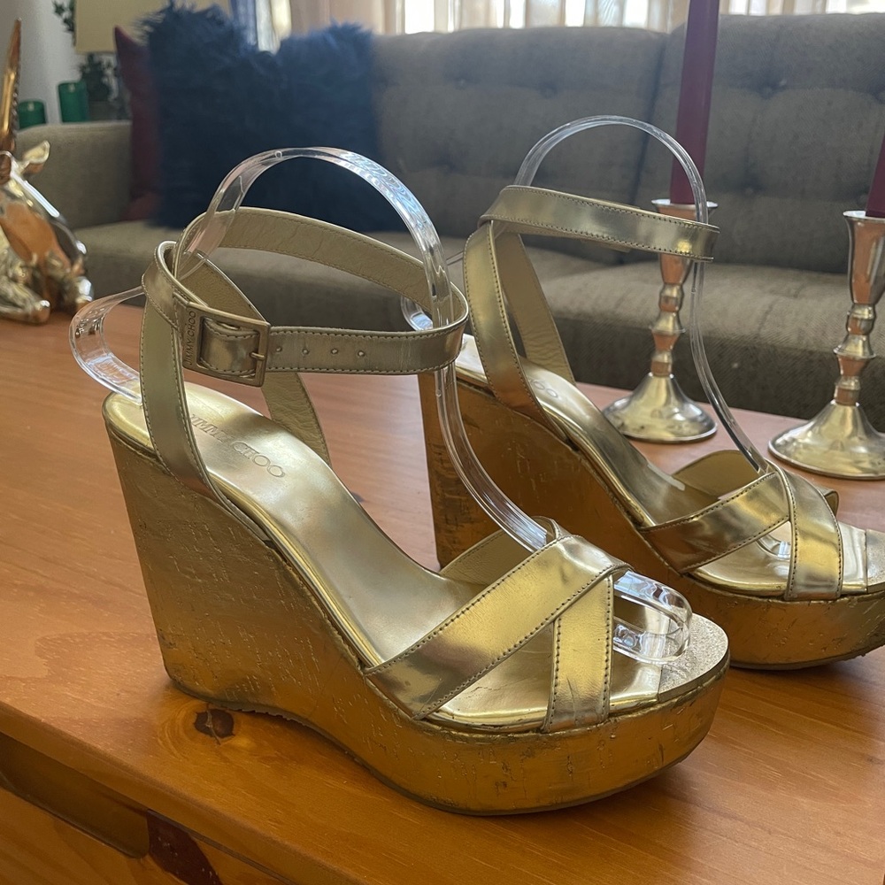 Jimmy Choo Metallic Gold Wedge Sandals 39